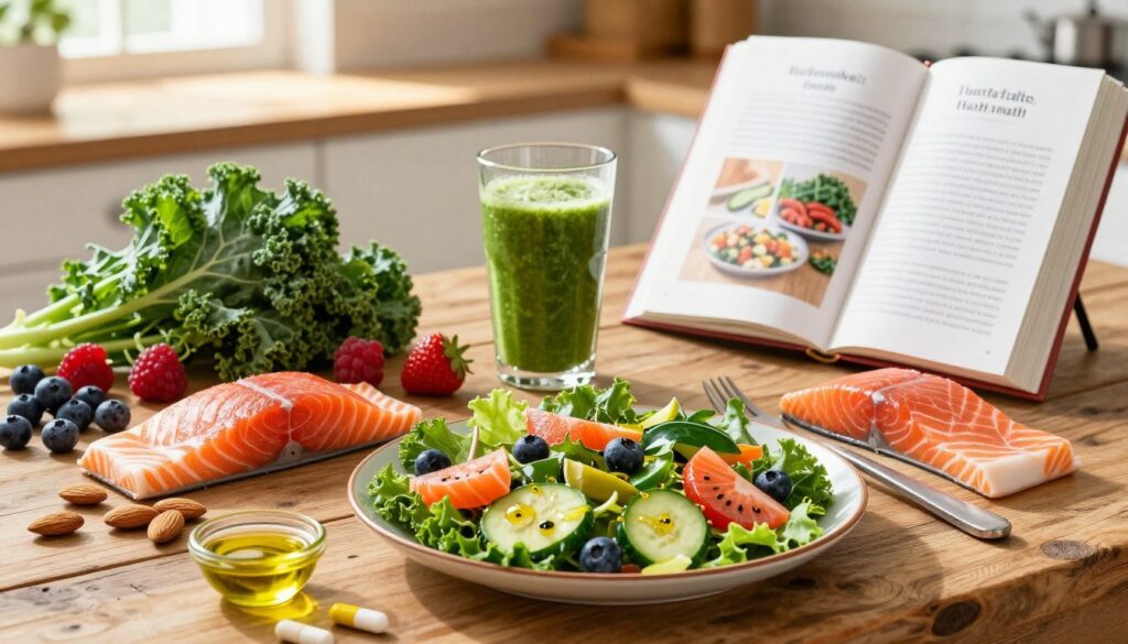 A balanced diet to support thyroid health, featuring vibrant, healthy foods such as colorful fruits and vegetables—kale, berries, almonds, and salmon arranged beautifully on a rustic wooden table. In the foreground, a plate showcasing a stylishly arranged salad, drizzled with olive oil, with nutritional supplements nearby, reflecting a holistic approach. The middle ground includes a glass of green smoothie and a cookbook open to a recipe focusing on thyroid-boosting meals. In the background, soft natural light casts a warm glow, enhancing the inviting atmosphere of a cozy kitchen. The overall mood is health-conscious and optimistic, symbolizing vitality and well-being in a serene environment. A balanced diet to support thyroid health, featuring vibrant, healthy foods such as colorful fruits and vegetables—kale, berries, almonds, and salmon arranged beautifully on a rustic wooden table. In the foreground, a plate showcasing a stylishly arranged salad, drizzled with olive oil, with nutritional supplements nearby, reflecting a holistic approach. The middle ground includes a glass of green smoothie and a cookbook open to a recipe focusing on thyroid-boosting meals. In the background, soft natural light casts a warm glow, enhancing the inviting atmosphere of a cozy kitchen. The overall mood is health-conscious and optimistic, symbolizing vitality and well-being in a serene environment.