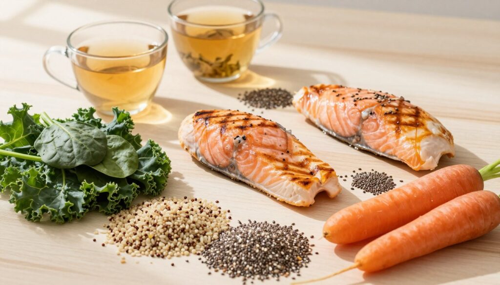 A beautifully arranged flat lay of healthy foods supporting a Hashimoto-friendly diet. In the foreground, include vibrant, fresh vegetables like kale, spinach, and carrots, alongside gluten-free grains such as quinoa and brown rice. In the middle, place lean proteins like grilled chicken and salmon, and sprinkle seeds like chia and flaxseed around for visual appeal. The background features soft-focus herbal teas and a light wooden surface, giving a warm, inviting atmosphere. Natural lighting streams in from the side, casting gentle shadows and highlighting the freshness of the ingredients. The mood is calm and nurturing, conveying a sense of health and wellness. A beautifully arranged flat lay of healthy foods supporting a Hashimoto-friendly diet. In the foreground, include vibrant, fresh vegetables like kale, spinach, and carrots, alongside gluten-free grains such as quinoa and brown rice. In the middle, place lean proteins like grilled chicken and salmon, and sprinkle seeds like chia and flaxseed around for visual appeal. The background features soft-focus herbal teas and a light wooden surface, giving a warm, inviting atmosphere. Natural lighting streams in from the side, casting gentle shadows and highlighting the freshness of the ingredients. The mood is calm and nurturing, conveying a sense of health and wellness.