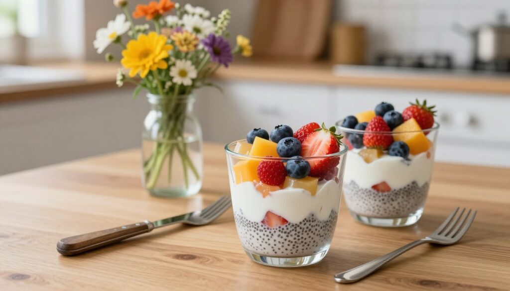 A beautifully arranged healthy dessert suitable for a Hashimoto diet, showcasing a colorful fruit parfait in a clear glass bowl, layered with creamy yogurt, chia seeds, and topped with fresh berries such as blueberries and strawberries. In the foreground, a wooden table enhances the natural feel, with a rustic knife and fork beside the dish. In the middle ground, a small vase filled with wildflowers adds a touch of warmth and vibrancy. The background features a softly blurred kitchen setting with natural light streaming in, emphasizing a cozy and inviting atmosphere. The warm colors and fresh ingredients create a sense of vitality and healthfulness, inviting viewers to enjoy this delightful and nutritious treat. A beautifully arranged healthy dessert suitable for a Hashimoto diet, showcasing a colorful fruit parfait in a clear glass bowl, layered with creamy yogurt, chia seeds, and topped with fresh berries such as blueberries and strawberries. In the foreground, a wooden table enhances the natural feel, with a rustic knife and fork beside the dish. In the middle ground, a small vase filled with wildflowers adds a touch of warmth and vibrancy. The background features a softly blurred kitchen setting with natural light streaming in, emphasizing a cozy and inviting atmosphere. The warm colors and fresh ingredients create a sense of vitality and healthfulness, inviting viewers to enjoy this delightful and nutritious treat.