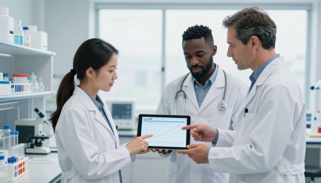 A clean and organized healthcare research setting illustrating the concept of low CRP levels. In the foreground, a diverse group of three medical professionals—one Asian, one Black, and one Caucasian—are engaged in a discussion, pointing at a digital tablet displaying a graph of CRP levels. They are dressed in crisp lab coats and casual smart clothing. The middle ground features a well-stocked laboratory with test tubes and medical equipment, emphasizing a scientific atmosphere. In the background, a large window lets in soft, natural daylight, creating a calm and reassuring ambiance. The image conveys a sense of professionalism, collaboration, and hopefulness in understanding health conditions, with a focus on low CRP levels and their implications.
