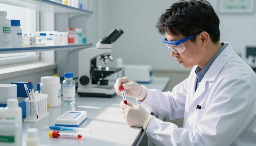 A clear and detailed laboratory setting showcasing the process of performing a CRP test with a blood sample. In the foreground, a skilled technician in professional attire, wearing gloves and safety glasses, carefully handling a blood sample in a small test tube. The middle ground features a sleek countertop with a CRP test kit, pipettes, and other medical instruments neatly arranged. In the background, shelves filled with medical supplies and equipment create a clean, organized environment. Bright, natural lighting illuminates the scene, casting soft shadows and highlighting the technician's focused expression. The atmosphere is clinical yet inviting, emphasizing professionalism and precision in the testing process. A clear and detailed laboratory setting showcasing the process of performing a CRP test with a blood sample. In the foreground, a skilled technician in professional attire, wearing gloves and safety glasses, carefully handling a blood sample in a small test tube. The middle ground features a sleek countertop with a CRP test kit, pipettes, and other medical instruments neatly arranged. In the background, shelves filled with medical supplies and equipment create a clean, organized environment. Bright, natural lighting illuminates the scene, casting soft shadows and highlighting the technician's focused expression. The atmosphere is clinical yet inviting, emphasizing professionalism and precision in the testing process.