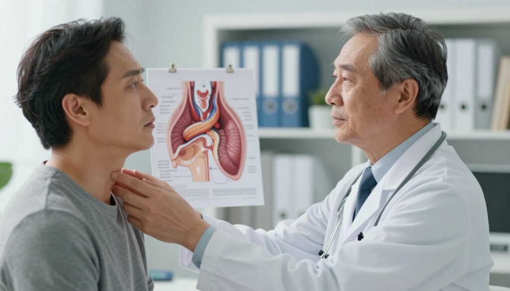 A clinical examination setting showcasing various symptoms associated with throat and voice disorders. In the foreground, a professional, middle-aged doctor in a white coat is examining a patient, who appears to be a concerned adult in modest clothing, pointing towards their neck. In the middle ground, detailed anatomical charts displaying the larynx and throat symptoms, highlighting key areas of interest such as the thyroid gland. The background features a softly lit medical office with shelves filled with medical books and a soothing palette of blues and whites. The atmosphere is serious yet supportive, emphasizing the importance of diagnosing these symptoms for proactive health measures. Use soft, natural lighting to create a calm and professional environment. A clinical examination setting showcasing various symptoms associated with throat and voice disorders. In the foreground, a professional, middle-aged doctor in a white coat is examining a patient, who appears to be a concerned adult in modest clothing, pointing towards their neck. In the middle ground, detailed anatomical charts displaying the larynx and throat symptoms, highlighting key areas of interest such as the thyroid gland. The background features a softly lit medical office with shelves filled with medical books and a soothing palette of blues and whites. The atmosphere is serious yet supportive, emphasizing the importance of diagnosing these symptoms for proactive health measures. Use soft, natural lighting to create a calm and professional environment.
