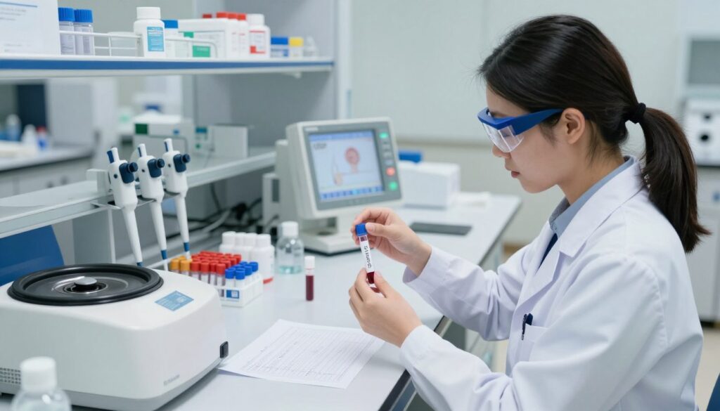 A clinical laboratory setting focused on a CRP blood test. In the foreground, a professional female lab technician in a white coat, wearing safety goggles while analyzing a blood sample in a test tube. In the middle, a well-organized lab bench with various lab equipment: pipettes, a centrifuge, and blood test results. A clear view of a digital analyzer displaying CRP levels on a screen. The background features shelves stocked with medical supplies and a clean, bright workspace illuminated by soft overhead lighting. The atmosphere is sterile and focused, conveying the seriousness of inflammation diagnostics. The angle is slightly overhead to capture the technician's meticulous work while maintaining a professional and scientific ambiance.