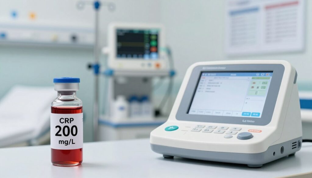 A clinical setting focused on the monitoring of CRP levels post-surgery or injury. In the foreground, display a clear glass vial filled with blood serum, labeled with a prominent CRP measurement of 200 mg/L. Beside it, an electronic blood test analyzer showcasing data on a screen. In the middle, create a well-organized hospital room, with medical equipment like an IV stand and vital signs monitor. The background features blurred shelves with medical supplies and medical charts. Use bright, clinical lighting to enhance the sterile atmosphere, creating a sense of urgency and importance. The overall mood should be serious and informative, emphasizing the clinical significance of high CRP levels in recovery. A clinical setting focused on the monitoring of CRP levels post-surgery or injury. In the foreground, display a clear glass vial filled with blood serum, labeled with a prominent CRP measurement of 200 mg/L. Beside it, an electronic blood test analyzer showcasing data on a screen. In the middle, create a well-organized hospital room, with medical equipment like an IV stand and vital signs monitor. The background features blurred shelves with medical supplies and medical charts. Use bright, clinical lighting to enhance the sterile atmosphere, creating a sense of urgency and importance. The overall mood should be serious and informative, emphasizing the clinical significance of high CRP levels in recovery.