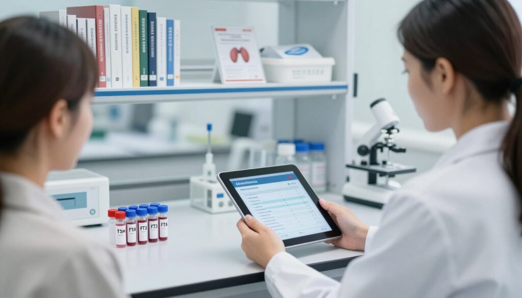 A clinical setting showcasing a modern healthcare environment focusing on thyroid hormone testing. In the foreground, a professional-looking doctor in a white lab coat examines a patient's blood test results on a digital tablet, conveying a sense of professionalism and care. The middle ground features a well-organized lab with labeled vials of TSH, FT3, and FT4 testing kits, neatly arranged on a countertop. The background presents shelves filled with medical textbooks and informative brochures about thyroid health. The lighting is bright and clinical, highlighting the clean, sterile environment. The overall mood is informative and reassuring, emphasizing the importance of regular thyroid hormone testing for health maintenance.