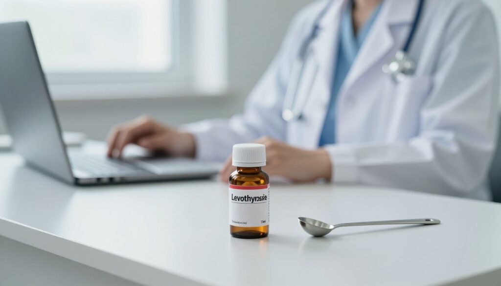 A clinical setting showcasing a table with a bottle of levothyroxine tablets, with focus on the unopened container and a medicine measuring spoon beside it. In the background, a healthcare professional dressed in a doctor's coat stands near a lab desk, preparing for a blood test. Soft, natural lighting filters in through a window, creating a calm and informative atmosphere. The color palette incorporates soothing whites and light blues, suggesting cleanliness and professionalism. The scene captures the essence of preparing for a TSH test, emphasizing the choice between taking the medication or waiting, reflected through the careful placement of the levothyroxine bottle and the attentive posture of the healthcare professional. A clinical setting showcasing a table with a bottle of levothyroxine tablets, with focus on the unopened container and a medicine measuring spoon beside it. In the background, a healthcare professional dressed in a doctor's coat stands near a lab desk, preparing for a blood test. Soft, natural lighting filters in through a window, creating a calm and informative atmosphere. The color palette incorporates soothing whites and light blues, suggesting cleanliness and professionalism. The scene captures the essence of preparing for a TSH test, emphasizing the choice between taking the medication or waiting, reflected through the careful placement of the levothyroxine bottle and the attentive posture of the healthcare professional.