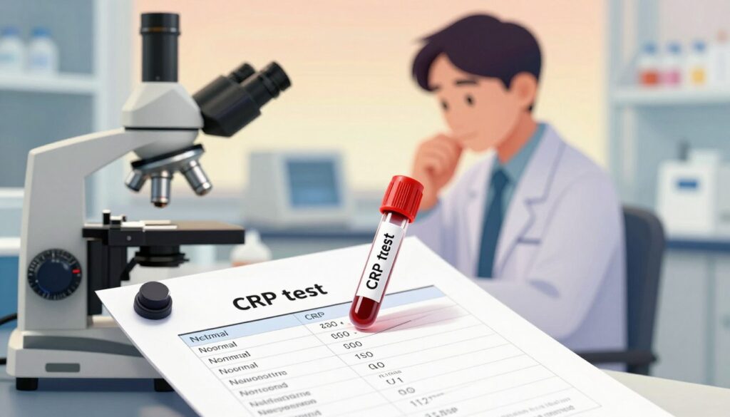A close-up illustration of a medical laboratory setting, focusing on a detailed blood test result sheet showing normal CRP levels in a clear, legible format. In the foreground, show a vial of blood with a label indicating "CRP test" and a pristine microscope positioned to the side. In the middle ground, a healthcare professional in smart business attire is analyzing the results with a thoughtful expression, under soft, warm lighting. The background is filled with well-organized laboratory equipment and a subtle gradient of colors that evoke a clinical yet inviting atmosphere, suggesting health and professionalism. The composition aims to inspire trust and calmness, emphasizing the significance of normal CRP levels in a healthy individual. A close-up illustration of a medical laboratory setting, focusing on a detailed blood test result sheet showing normal CRP levels in a clear, legible format. In the foreground, show a vial of blood with a label indicating "CRP test" and a pristine microscope positioned to the side. In the middle ground, a healthcare professional in smart business attire is analyzing the results with a thoughtful expression, under soft, warm lighting. The background is filled with well-organized laboratory equipment and a subtle gradient of colors that evoke a clinical yet inviting atmosphere, suggesting health and professionalism. The composition aims to inspire trust and calmness, emphasizing the significance of normal CRP levels in a healthy individual.