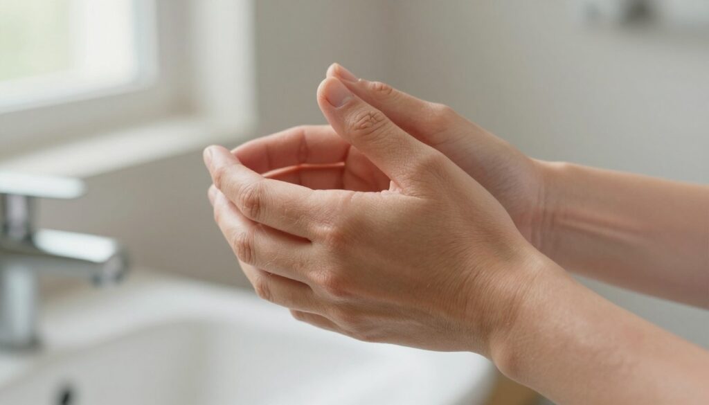 A close-up of a woman's hands, showcasing brittle nails and dry skin, reflecting the effects of Hashimoto's disease. The background features a softly blurred bathroom setting, with natural light streaming in from a window, creating a warm and inviting atmosphere. In the foreground, subtle textures highlight the health issues, such as thinning hair and uneven skin tones on the hands and forearms. The overall mood is one of quiet resilience and introspection, encouraging a focus on beauty and health challenges. The composition is shot from an angle that emphasizes the details of the hands, ensuring a clear view of the skin and nails without any distractions. A close-up of a woman's hands, showcasing brittle nails and dry skin, reflecting the effects of Hashimoto's disease. The background features a softly blurred bathroom setting, with natural light streaming in from a window, creating a warm and inviting atmosphere. In the foreground, subtle textures highlight the health issues, such as thinning hair and uneven skin tones on the hands and forearms. The overall mood is one of quiet resilience and introspection, encouraging a focus on beauty and health challenges. The composition is shot from an angle that emphasizes the details of the hands, ensuring a clear view of the skin and nails without any distractions.