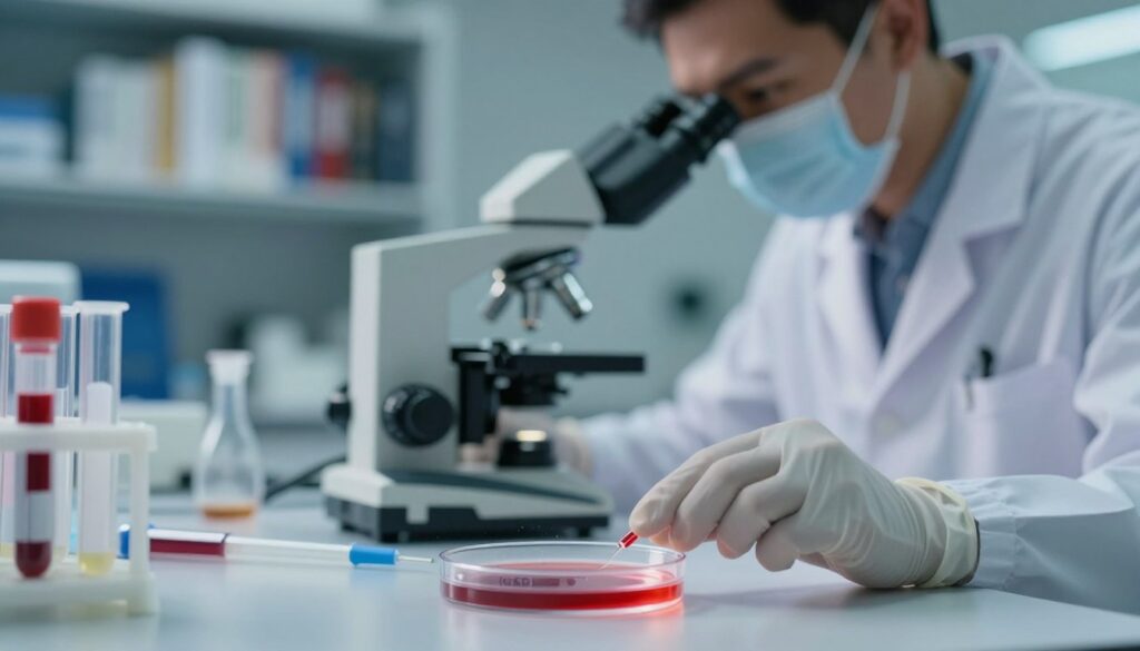 A close-up view of a laboratory setting focused on a blood sample analysis related to cancer treatment. In the foreground, a petri dish with a blood sample shows a visible increase in C-reactive protein (CRP) levels, surrounded by lab equipment such as pipettes and test tubes. The middle ground features a researcher in professional attire, gloves on, examining the sample with a microscope, showing concentration and seriousness. The background is softly blurred, displaying shelves filled with scientific books and medical journals. Dramatic but soft lighting illuminates the scene, creating a clinical yet hopeful atmosphere. The overall mood conveys a sense of diligence in cancer research and treatment monitoring. A close-up view of a laboratory setting focused on a blood sample analysis related to cancer treatment. In the foreground, a petri dish with a blood sample shows a visible increase in C-reactive protein (CRP) levels, surrounded by lab equipment such as pipettes and test tubes. The middle ground features a researcher in professional attire, gloves on, examining the sample with a microscope, showing concentration and seriousness. The background is softly blurred, displaying shelves filled with scientific books and medical journals. Dramatic but soft lighting illuminates the scene, creating a clinical yet hopeful atmosphere. The overall mood conveys a sense of diligence in cancer research and treatment monitoring.