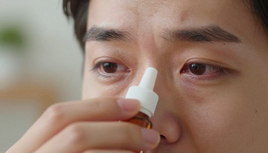 A close-up view of a pair of human eyes conveying dryness, featuring prominent signs of discomfort and fatigue. The eyes should appear slightly red and irritated, reflecting the condition known as dry eye syndrome. In the foreground, include a pair of hands gently holding a small eye drop bottle, symbolizing the treatment for the symptoms. The background should softly blur, showcasing a warm and serene room setting that suggests a comforting atmosphere. Use soft, natural lighting to enhance the mood, emphasizing the compassion and care associated with managing thyroid-related eye symptoms. The overall tone should be informative and professional, suitable for a medical article. A close-up view of a pair of human eyes conveying dryness, featuring prominent signs of discomfort and fatigue. The eyes should appear slightly red and irritated, reflecting the condition known as dry eye syndrome. In the foreground, include a pair of hands gently holding a small eye drop bottle, symbolizing the treatment for the symptoms. The background should softly blur, showcasing a warm and serene room setting that suggests a comforting atmosphere. Use soft, natural lighting to enhance the mood, emphasizing the compassion and care associated with managing thyroid-related eye symptoms. The overall tone should be informative and professional, suitable for a medical article.