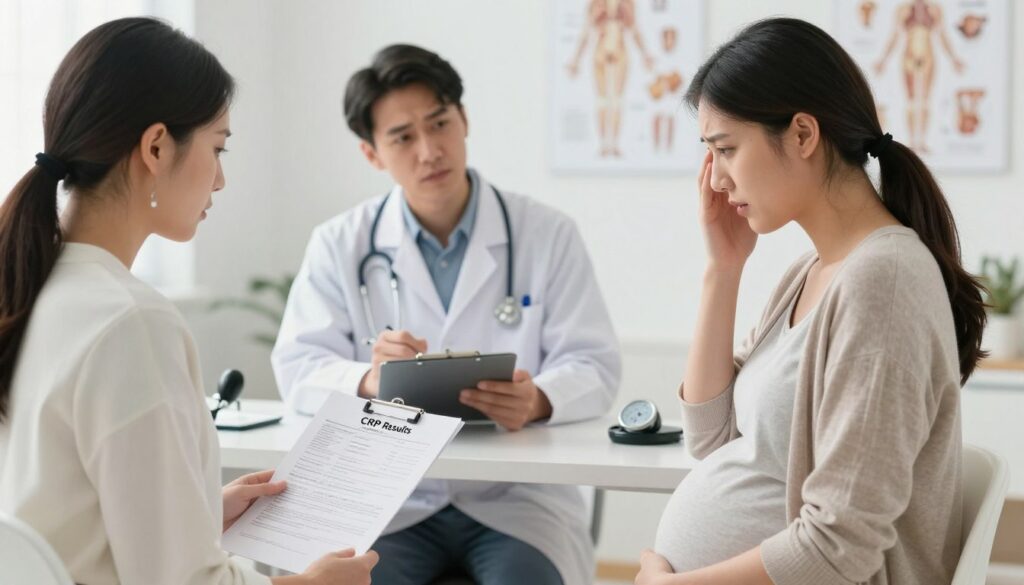 A concerned pregnant woman sitting in a brightly lit doctor's office, displaying a mixture of anxiety and urgency as she discusses her health. The foreground features the woman, wearing a modest casual outfit, with a medical report labeled "CRP Results" in her hands. In the middle ground, a compassionate healthcare professional in a white lab coat, showing empathy, listens attentively while taking notes on a clipboard. The background includes medical equipment like a sphygmomanometer and anatomical charts, enhancing the clinical setting. Soft, warm lighting creates a reassuring atmosphere, suggesting hope and care in a serious context. The composition captures the importance of seeking urgent medical advice related to elevated CRP levels during pregnancy.