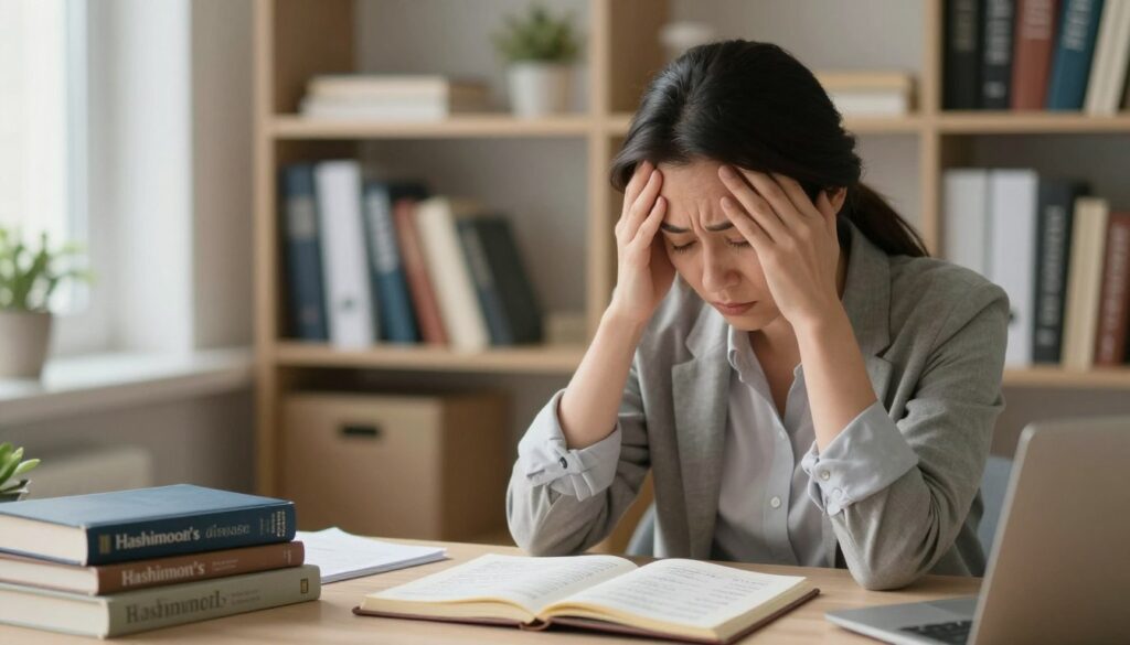 A contemplative adult in a cozy, softly lit office setting, expressing a blend of anxiety and fatigue, representing the mental symptoms of Hashimoto’s disease. The foreground features a mid-30s individual in business casual attire, sitting at a desk cluttered with medical books and notes. The middle ground includes a bookshelf filled with psychology and neurology texts, along with an open notebook where symptoms are listed. The background has a window with gentle light filtering through, creating a warm atmosphere, symbolizing hope amidst struggle. Use soft focus for the background and a slightly sharper focus on the subject to draw attention to their expression. The overall mood is empathetic and reflective, illustrating the internal battles faced by those with Hashimoto's. A contemplative adult in a cozy, softly lit office setting, expressing a blend of anxiety and fatigue, representing the mental symptoms of Hashimoto’s disease. The foreground features a mid-30s individual in business casual attire, sitting at a desk cluttered with medical books and notes. The middle ground includes a bookshelf filled with psychology and neurology texts, along with an open notebook where symptoms are listed. The background has a window with gentle light filtering through, creating a warm atmosphere, symbolizing hope amidst struggle. Use soft focus for the background and a slightly sharper focus on the subject to draw attention to their expression. The overall mood is empathetic and reflective, illustrating the internal battles faced by those with Hashimoto's.