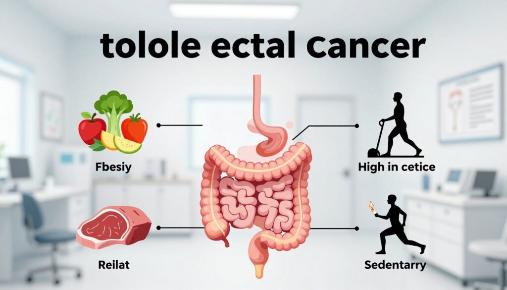 A detailed and informative illustration highlighting the risk factors for colorectal cancer. In the foreground, depict an anatomical representation of the human digestive system, emphasizing the colon and rectum, with annotations for common risk factors like obesity, diet high in red meat, smoking, and a sedentary lifestyle. In the middle ground, include symbolic representations of preventative measures like healthy foods (fruits, vegetables), exercise equipment, and a silhouette of a person engaging in physical activity. In the background, use a soft focus of a sterile medical environment, perhaps a doctor's office with medical charts. Utilize bright, clinical lighting to convey a sense of professionalism, ensuring an educational atmosphere while maintaining a clean and neutral color palette. The mood should be informative and serious, suitable for a medical article.