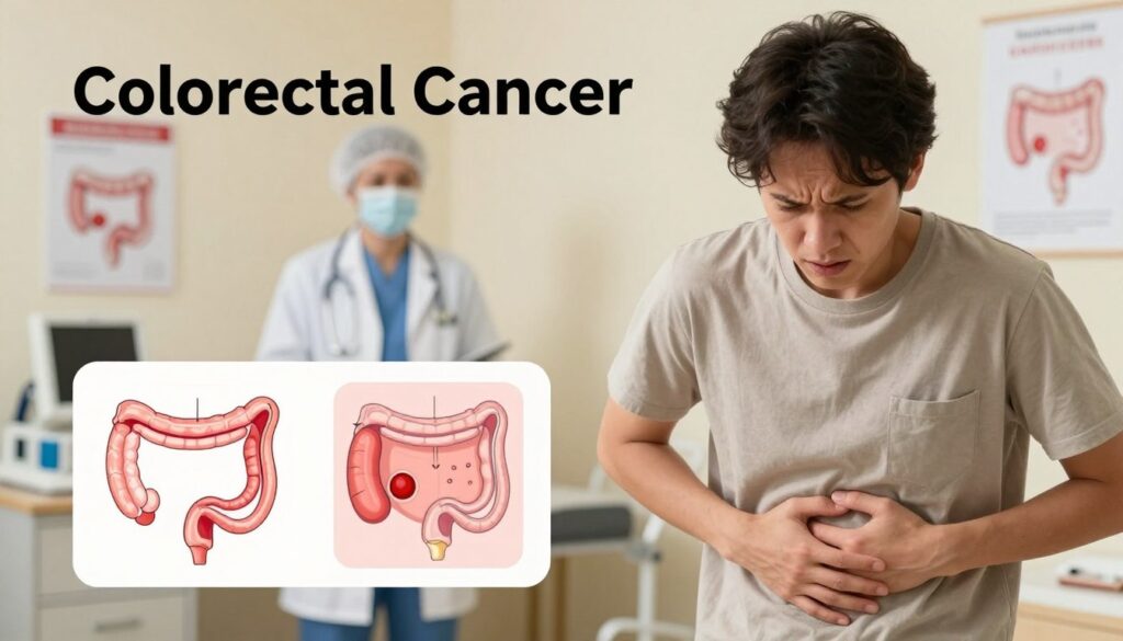 A detailed and informative illustration of symptoms of colorectal cancer. In the foreground, a worried person in modest casual clothing is holding their stomach, reflecting discomfort. The middle layer shows a close-up of medical diagrams or illustrations, depicting symptoms like bloating, changes in bowel habits, and unexplained weight loss. In the background, a soft-focus image of a doctor's office, filled with medical equipment and posters about colorectal health, adds context. The lighting is warm and inviting, creating an atmosphere of concern yet hope. The angle is slightly above eye level, focusing on the individual while showcasing the medical environment. The image conveys urgency and the importance of understanding cancer symptoms without being alarming.