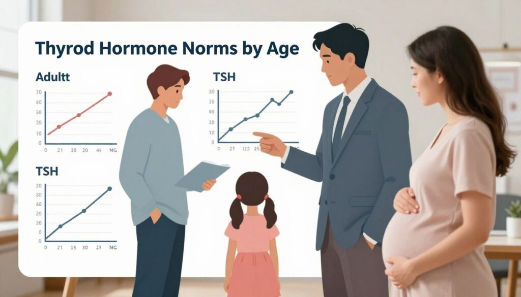 A detailed and informative illustration representing "Thyroid Hormone Norms by Age." In the foreground, create a clear infographic-style display with distinct sections for adults, children, and pregnant women, featuring simple line graphs or charts with labeled axes showing TSH levels. In the middle ground, depict silhouettes of diverse individuals in professional attire—an adult man, a young girl, and a pregnant woman—interacting with the charts thoughtfully. The background should be a softly blurred, neutral-colored office environment, enhancing the focus on the informative elements. Soft, natural lighting creates an approachable atmosphere, and the image should capture a sense of professionalism and clarity, suitable for a medical article illustration.
