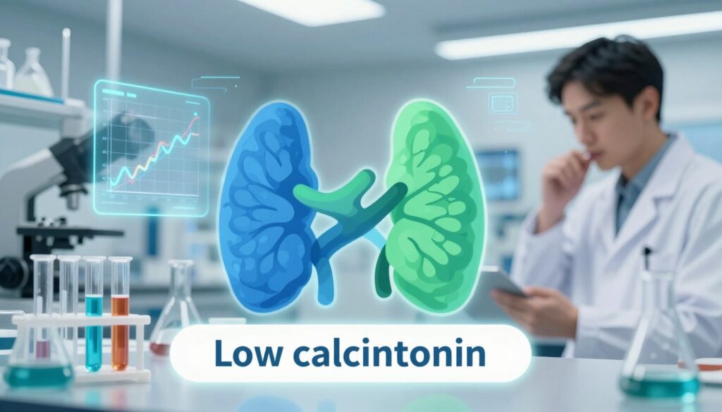 A detailed and visually engaging illustration of low calcitonin levels, featuring an abstract representation of thyroid hormones in varied shades of blue and green. In the foreground, a scientific lab setting with test tubes and equipment, embodying a sterile, clinical environment. The middle ground includes a holographic display of thyroid function graphs highlighting low calcitonin levels, with dynamic visual elements to denote health and balance. In the background, soft focus imagery of a healthcare professional in a white lab coat analyzing data with a thoughtful expression, emphasizing professionalism and care. The lighting is bright but soft, creating a calm and informative ambiance, shot with a wide-angle lens to capture the depth of the laboratory atmosphere. The overall mood is one of scientific inquiry and understanding, inviting viewers to explore the significance of low calcitonin levels. A detailed and visually engaging illustration of low calcitonin levels, featuring an abstract representation of thyroid hormones in varied shades of blue and green. In the foreground, a scientific lab setting with test tubes and equipment, embodying a sterile, clinical environment. The middle ground includes a holographic display of thyroid function graphs highlighting low calcitonin levels, with dynamic visual elements to denote health and balance. In the background, soft focus imagery of a healthcare professional in a white lab coat analyzing data with a thoughtful expression, emphasizing professionalism and care. The lighting is bright but soft, creating a calm and informative ambiance, shot with a wide-angle lens to capture the depth of the laboratory atmosphere. The overall mood is one of scientific inquiry and understanding, inviting viewers to explore the significance of low calcitonin levels.