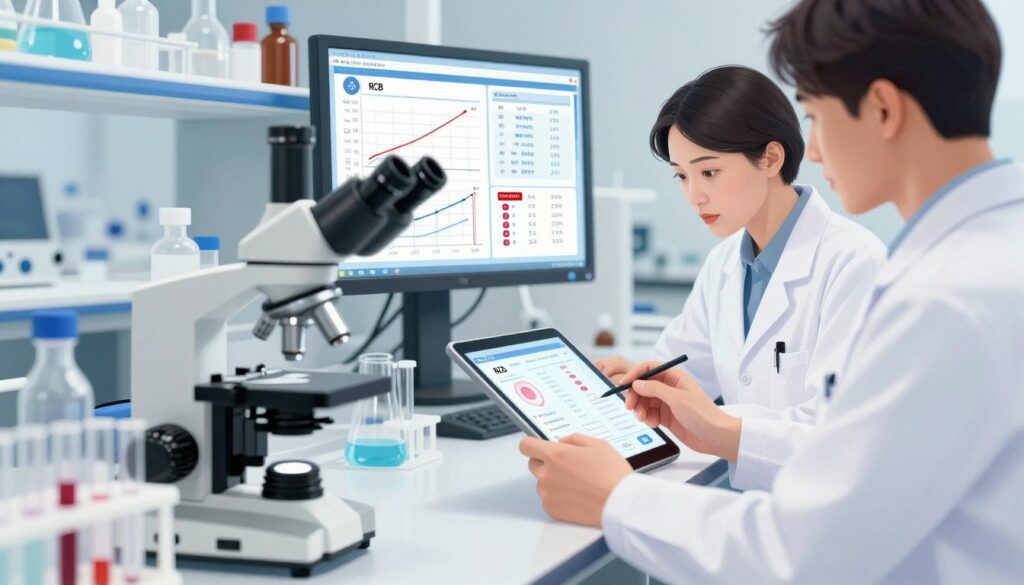 A detailed and visually engaging illustration showing the interpretation of RBC, hemoglobin, and hematocrit results. In the foreground, a close-up view of a modern laboratory workspace with test tubes, a microscope, and a digital display showing detailed blood analysis data such as RBC count, hemoglobin levels, and hematocrit percentages. In the middle, a medical professional in a white lab coat, thoughtfully analyzing the results on a tablet, with a focused expression, surrounded by charts and infographics illustrating the significance of these values. The background features a well-organized laboratory with soft, professional lighting that highlights the scientific equipment. The overall mood is analytical and educational, conveying a sense of precision and expertise in hematology.