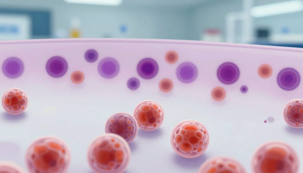 A detailed and vivid illustration of elevated eosinophils in human blood under a microscope. In the foreground, clusters of eosinophils should be clearly visible, showcasing their unique bi-lobed nucleus and pink-orange granules. The middle layer features a blood smear with cells in various stages of elevation, demonstrating a rich contrast of colors against a clear background. The background is softly blurred yet suggestive of a laboratory environment, with faint outlines of lab equipment and glassware to evoke a professional atmosphere. Soft, diffused lighting highlights the cells, creating a sense of depth and focus. The overall mood is scientific and clinical, capturing the essence of hematological study without any text or distractions.