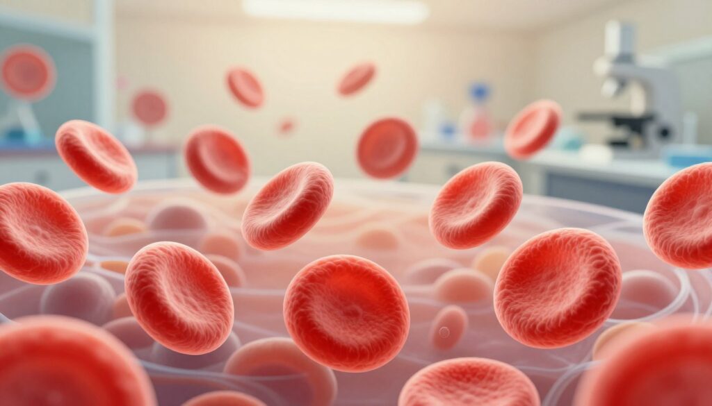 A detailed illustration of healthy human erythrocytes (red blood cells) in blood, showcasing various norm levels for women, men, children, and pregnant individuals. In the foreground, vibrant, detailed red blood cells with smooth, biconcave shapes are plentiful, representing normal morphology. In the middle ground, a subtle transparency effect reveals background elements like a soft gradient of blood plasma and white blood cells to provide context. The background features a soft-focus scientific laboratory with equipment that suggests a clinical setting, enhancing the informative aspect of the image. The lighting is soft and warm, creating a calm atmosphere, while the perspective is slightly angled to emphasize the erythrocytes' structure. No text or labels present, only a purely illustrative depiction.