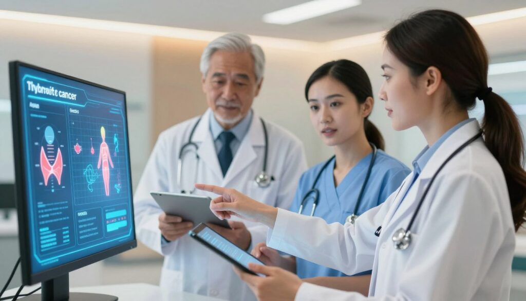 A detailed illustration of risk factors for thyroid cancer, featuring a diverse group of professionals engaged in a discussion around a digital display of health statistics. In the foreground, a female doctor in a white coat points to a holographic chart displaying common risk factors like age, genetics, and environmental influences. The middle ground shows two healthcare workers, one an older male specialist and a younger female nurse, analyzing patient data on tablets. The background features a modern hospital setting with soft, warm lighting, creating a serious yet hopeful atmosphere. The scene is captured with a shallow depth of field, emphasizing the subjects while softly blurring the background, ensuring clarity and focus on the discussion at hand.