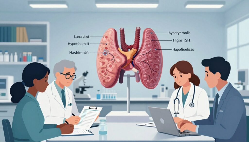 A detailed illustration representing high TSH levels and causes of thyroid disorders. In the foreground, a diverse group of healthcare professionals in business attire, analyzing thyroid test results. In the middle ground, a large anatomical model of a thyroid gland, vividly colored and labeled with various disorders like hypothyroidism and Hashimoto's. The background features a modern medical laboratory with shelves of medical books, test tubes, and high-tech equipment, softly illuminated by overhead lighting, creating a focused atmosphere. The image captures a sense of professionalism and diligence, emphasizing the importance of understanding thyroid function and its implications on health. A detailed illustration representing high TSH levels and causes of thyroid disorders. In the foreground, a diverse group of healthcare professionals in business attire, analyzing thyroid test results. In the middle ground, a large anatomical model of a thyroid gland, vividly colored and labeled with various disorders like hypothyroidism and Hashimoto's. The background features a modern medical laboratory with shelves of medical books, test tubes, and high-tech equipment, softly illuminated by overhead lighting, creating a focused atmosphere. The image captures a sense of professionalism and diligence, emphasizing the importance of understanding thyroid function and its implications on health.