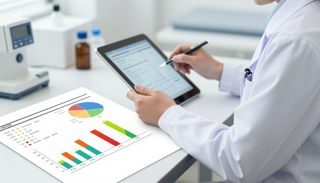 A detailed medical illustration showing the interpretation of TSH, FT3, and FT4 levels. In the foreground, a clear theme showcasing individual blood test results, represented by vibrant colored charts and graphs, illustrating normal and abnormal levels. In the middle background, a healthcare professional in a white lab coat is analyzing the results on a digital tablet, conveying a sense of professionalism and expertise. Soft, natural lighting illuminates the scene, creating a calm and clinical atmosphere. The background features a blurred medical office setting with medical equipment subtly in view, emphasizing the scientific nature of the topic. The overall mood is informative and reassuring, focusing on the importance of understanding thyroid hormone levels. A detailed medical illustration showing the interpretation of TSH, FT3, and FT4 levels. In the foreground, a clear theme showcasing individual blood test results, represented by vibrant colored charts and graphs, illustrating normal and abnormal levels. In the middle background, a healthcare professional in a white lab coat is analyzing the results on a digital tablet, conveying a sense of professionalism and expertise. Soft, natural lighting illuminates the scene, creating a calm and clinical atmosphere. The background features a blurred medical office setting with medical equipment subtly in view, emphasizing the scientific nature of the topic. The overall mood is informative and reassuring, focusing on the importance of understanding thyroid hormone levels.