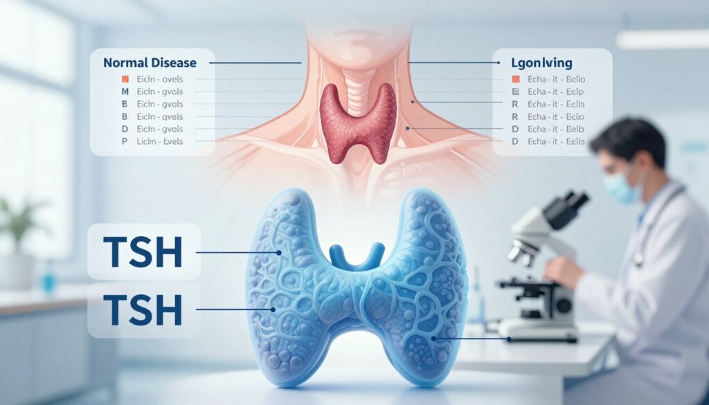 A detailed medical illustration showing the interpretation of TSH levels in relation to thyroid disease. In the foreground, a clear depiction of a thyroid gland, labeled and highlighted in soft blue hues, surrounded by visual indicators of TSH levels—both high and low. In the middle background, an anatomical diagram featuring the human neck with the thyroid gland highlighted, showcasing normal vs. abnormal TSH interpretation charts. The background should have a medical office setting with soft lighting, emphasizing a professional atmosphere, and perhaps a subtle silhouette of a researcher studying thyroid levels through a microscope. The overall mood should be informative and educational, inviting viewers to engage with the content visually. A detailed medical illustration showing the interpretation of TSH levels in relation to thyroid disease. In the foreground, a clear depiction of a thyroid gland, labeled and highlighted in soft blue hues, surrounded by visual indicators of TSH levels—both high and low. In the middle background, an anatomical diagram featuring the human neck with the thyroid gland highlighted, showcasing normal vs. abnormal TSH interpretation charts. The background should have a medical office setting with soft lighting, emphasizing a professional atmosphere, and perhaps a subtle silhouette of a researcher studying thyroid levels through a microscope. The overall mood should be informative and educational, inviting viewers to engage with the content visually.