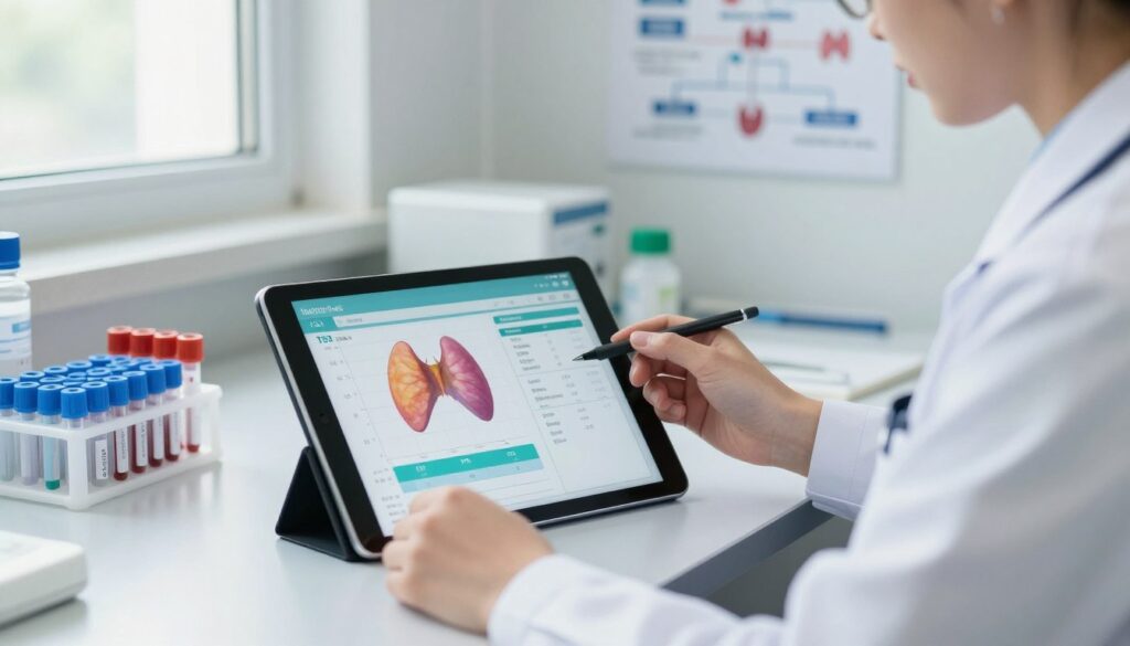 A detailed medical laboratory scene focusing on thyroid diagnostics, featuring a clinician in professional attire examining thyroid test results on a digital tablet. In the foreground, the tablet displays colorful graphs and data charts representing TSH, FT3, and FT4 levels. The middle background includes test tubes and lab equipment arranged neatly on a counter, illuminated by natural lighting streaming through a nearby window. A flowchart outlining the step-by-step diagnosis of Hashimoto's disease is subtly visible on the wall behind. The atmosphere is clinical yet focused, conveying a sense of care and professionalism in the pursuit of thyroid health. The overall color palette is soft, with a combination of whites, blues, and greens for a calming effect. A detailed medical laboratory scene focusing on thyroid diagnostics, featuring a clinician in professional attire examining thyroid test results on a digital tablet. In the foreground, the tablet displays colorful graphs and data charts representing TSH, FT3, and FT4 levels. The middle background includes test tubes and lab equipment arranged neatly on a counter, illuminated by natural lighting streaming through a nearby window. A flowchart outlining the step-by-step diagnosis of Hashimoto's disease is subtly visible on the wall behind. The atmosphere is clinical yet focused, conveying a sense of care and professionalism in the pursuit of thyroid health. The overall color palette is soft, with a combination of whites, blues, and greens for a calming effect.
