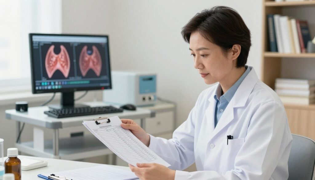 A detailed scene depicting the costs associated with thyroid biopsy procedures. In the foreground, a confident and professional-looking doctor, dressed in a white lab coat, examines a chart with biopsy cost breakdowns. The middle ground features a consultation room with a modern, well-equipped medical setup, including a monitor displaying thyroid imagery. In the background, soft lighting creates a warm and reassuring atmosphere, with a bookshelf filled with medical textbooks. The overall mood is informative yet approachable, emphasizing the significance of understanding biopsy costs. The image is captured from a slightly elevated angle to provide depth, with bright, natural lighting that enhances the clarity of details. A detailed scene depicting the costs associated with thyroid biopsy procedures. In the foreground, a confident and professional-looking doctor, dressed in a white lab coat, examines a chart with biopsy cost breakdowns. The middle ground features a consultation room with a modern, well-equipped medical setup, including a monitor displaying thyroid imagery. In the background, soft lighting creates a warm and reassuring atmosphere, with a bookshelf filled with medical textbooks. The overall mood is informative yet approachable, emphasizing the significance of understanding biopsy costs. The image is captured from a slightly elevated angle to provide depth, with bright, natural lighting that enhances the clarity of details.