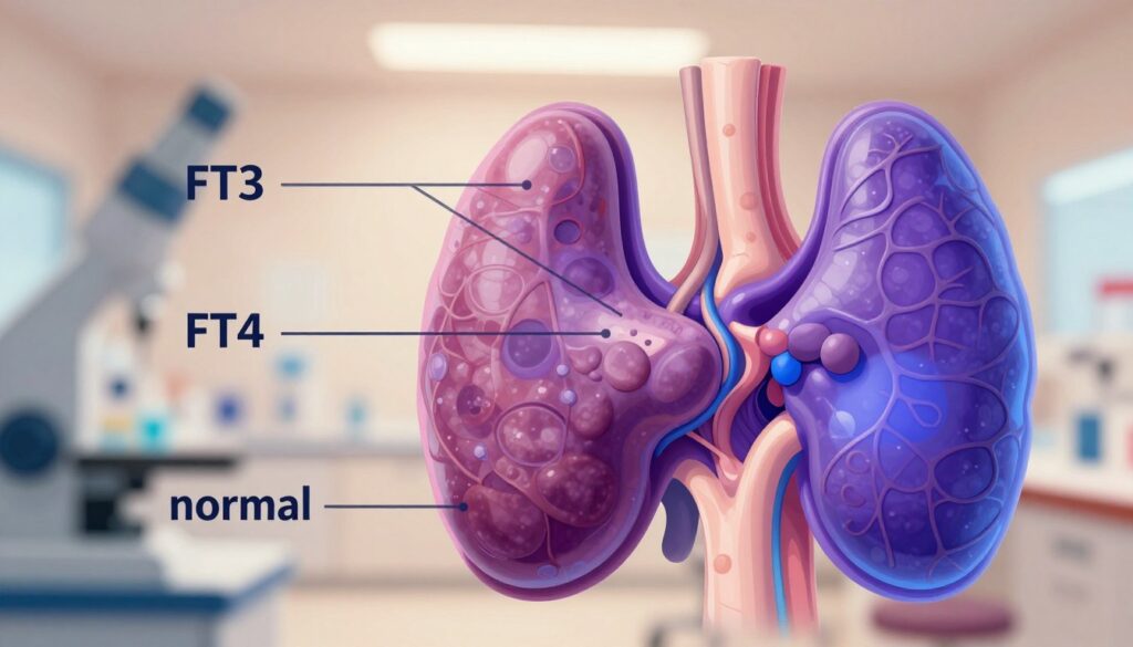 A detailed scientific illustration capturing the interplay between FT3, FT4, and thyroid function. In the foreground, a vibrant digital rendering of a thyroid gland, anatomically correct and depicted in shades of purples and blues, highlighted to show areas of hormone production. The middle layer features interconnecting lines or graphs representing FT3 and FT4 levels, with subtle markers indicating "normal" ranges. The background should be soft and blurred, perhaps an abstract representation of a medical lab with warm lighting, evoking a sense of professionalism and inquiry. The overall mood is informative and engaging, suitable for a medical article, without any text or distracting elements. A detailed scientific illustration capturing the interplay between FT3, FT4, and thyroid function. In the foreground, a vibrant digital rendering of a thyroid gland, anatomically correct and depicted in shades of purples and blues, highlighted to show areas of hormone production. The middle layer features interconnecting lines or graphs representing FT3 and FT4 levels, with subtle markers indicating "normal" ranges. The background should be soft and blurred, perhaps an abstract representation of a medical lab with warm lighting, evoking a sense of professionalism and inquiry. The overall mood is informative and engaging, suitable for a medical article, without any text or distracting elements.