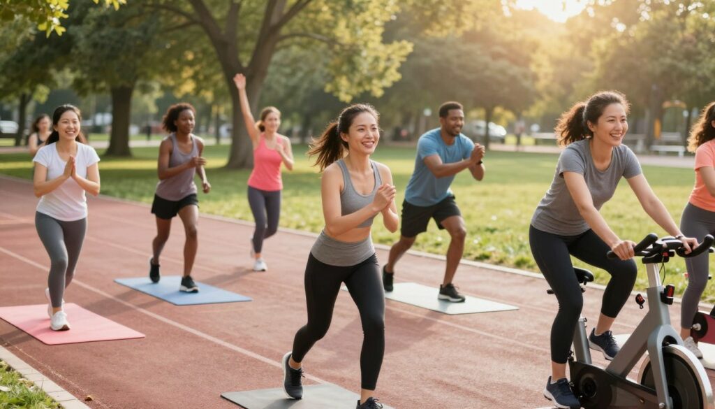 A dynamic sports scene illustrating the relationship between physical activity and low CRP levels. In the foreground, a diverse group of adults in professional athletic wear is engaging in various exercises like jogging, yoga, and cycling, showcasing enthusiasm and vitality. The middle ground features an outdoor park setting with greenery and a running track, symbolizing healthy lifestyle choices. In the background, soft sunlight filters through trees, creating a warm and inviting atmosphere. The lens is slightly wide-angle to capture the energy of the scene, with a focus on the individuals' joyful expressions and commitment to fitness. The overall mood is inspiring and motivational, emphasizing the importance of exercise in reducing inflammation. A dynamic sports scene illustrating the relationship between physical activity and low CRP levels. In the foreground, a diverse group of adults in professional athletic wear is engaging in various exercises like jogging, yoga, and cycling, showcasing enthusiasm and vitality. The middle ground features an outdoor park setting with greenery and a running track, symbolizing healthy lifestyle choices. In the background, soft sunlight filters through trees, creating a warm and inviting atmosphere. The lens is slightly wide-angle to capture the energy of the scene, with a focus on the individuals' joyful expressions and commitment to fitness. The overall mood is inspiring and motivational, emphasizing the importance of exercise in reducing inflammation.