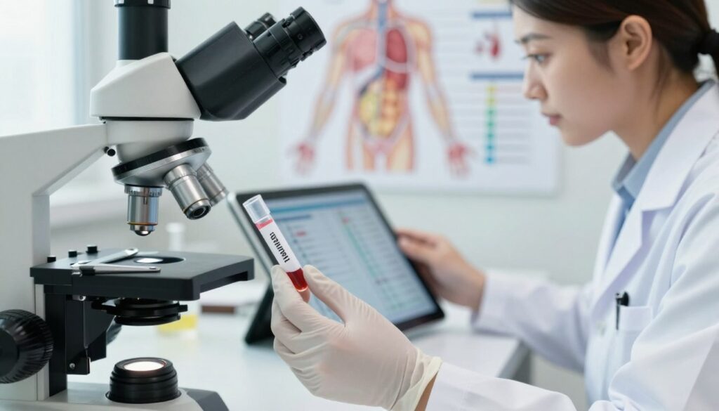 A focused clinical setting showcasing the symptoms of eosinophilia and its diagnostic process. In the foreground, a close-up of a gloved hand examining a blood sample under a microscope, revealing elevated eosinophil cells. In the middle ground, a healthcare professional in a lab coat is analyzing data on a tablet, looking intently at the screen. The background features anatomical illustrations of the human immune system and a chart displaying eosinophil level ranges. Soft, natural lighting creates a professional atmosphere, while a shallow depth of field focuses on the microscope and the scientist. The overall mood is investigative and informative, emphasizing the importance of diagnosis in understanding eosinophil levels.