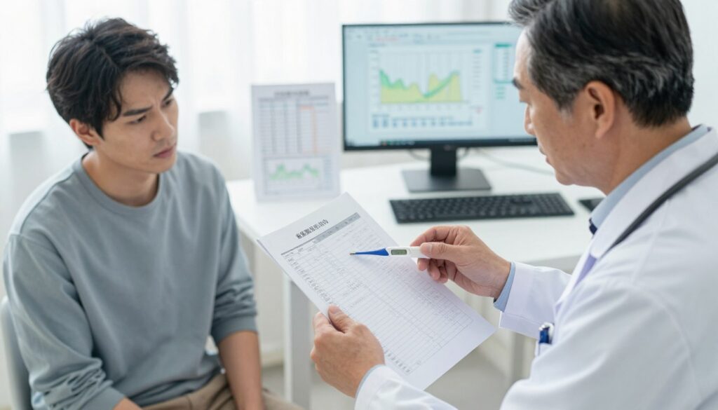A focused medical examination scene depicting a healthcare professional, a middle-aged doctor in a white lab coat, analyzing results in a bright, sterile office. In the foreground, a close-up of a digital thermometer displaying a slightly elevated temperature. In the middle, a patient, a young adult in modest casual clothing, appears concerned while looking at the doctor. Behind them, a well-organized desk with medical charts and a computer screen showing temperature graphs and test results. Soft, natural lighting illuminates the scene, creating a calm and analytical atmosphere. The angle is slightly overhead, capturing the interaction between the doctor and the patient, emphasizing the seriousness of the situation while ensuring professionalism and care.