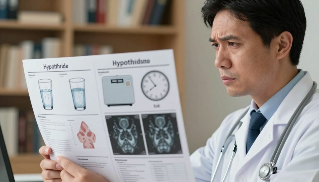 A healthcare professional, dressed in professional attire, examines an array of medical charts and images depicting the symptoms of hypothyroidism. In the foreground, focus on the doctor’s facial expressions of concern as they review the information. In the middle ground, display visual representations of symptoms such as fatigue, weight gain, and cold sensitivity illustrated through subtle visual cues—perhaps a glass of water shivering from cold, a scale showing increased weight, and a clock representing time passing slowly. In the background, softly lit shelves filled with medical books hint at a clinical setting. The atmosphere is serious and informative, with warm lighting to convey hope and understanding, captured with a slight depth of field to draw attention to the subject's contemplative examination of hypothyroidism symptoms. A healthcare professional, dressed in professional attire, examines an array of medical charts and images depicting the symptoms of hypothyroidism. In the foreground, focus on the doctor’s facial expressions of concern as they review the information. In the middle ground, display visual representations of symptoms such as fatigue, weight gain, and cold sensitivity illustrated through subtle visual cues—perhaps a glass of water shivering from cold, a scale showing increased weight, and a clock representing time passing slowly. In the background, softly lit shelves filled with medical books hint at a clinical setting. The atmosphere is serious and informative, with warm lighting to convey hope and understanding, captured with a slight depth of field to draw attention to the subject's contemplative examination of hypothyroidism symptoms.
