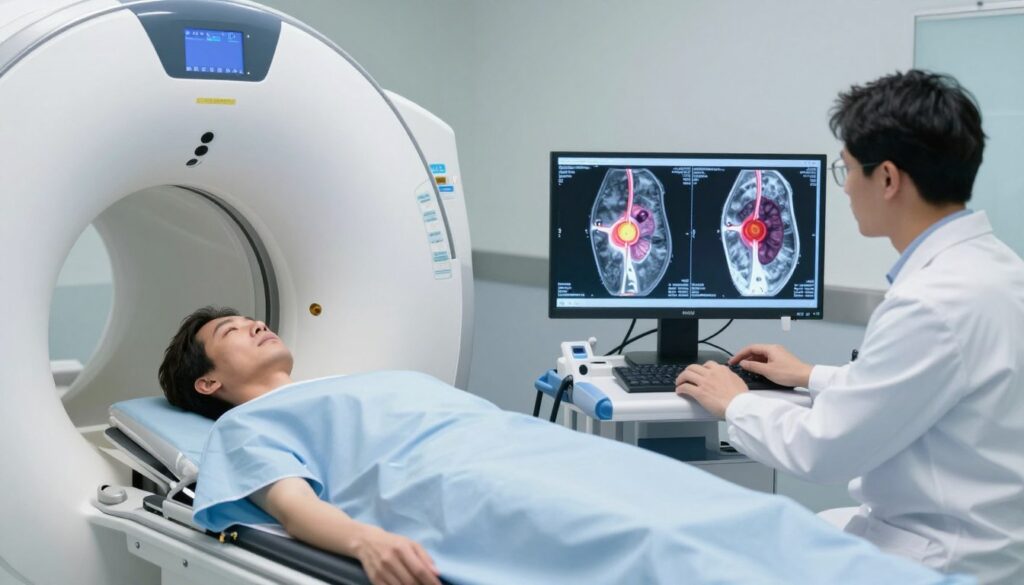 A high-resolution medical imaging scene depicting a chromaffin tumor analysis. In the foreground, there’s a detailed view of a high-tech MRI machine scanning a patient, who is wearing a hospital gown, creating a clinical atmosphere. In the middle ground, a medical professional in a lab coat examines images on a computer screen, showcasing detailed scans of the adrenal gland with highlighted areas indicating abnormalities. The background features a sterile, well-lit hospital room with modern medical equipment. The lighting is bright and clinical, casting soft shadows to emphasize professionalism. The mood conveys a sense of urgency and precision in medical diagnostics, with a focus on visual clarity and medical accuracy.
