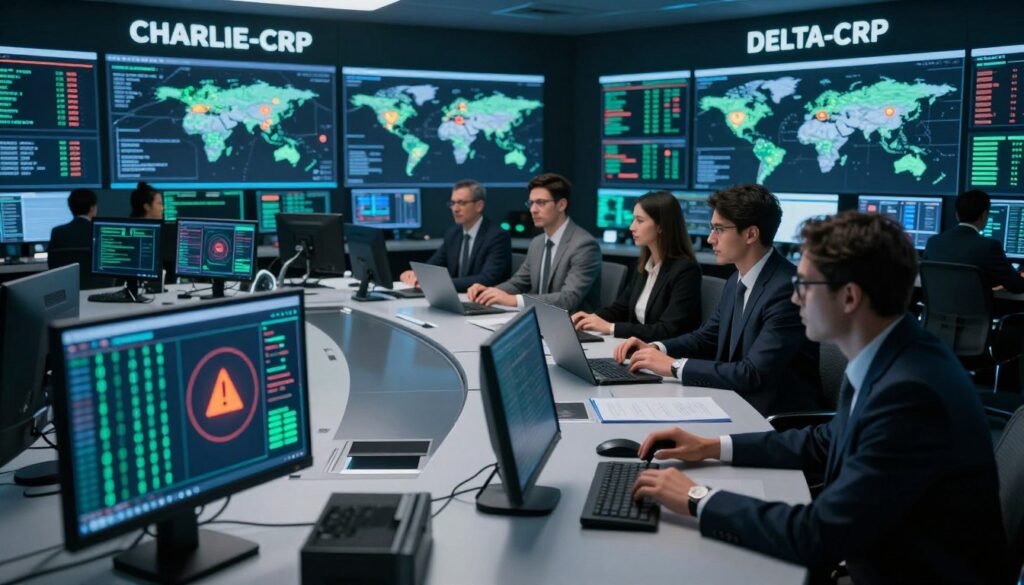 A high-tech control room showcasing the highest levels of cyber threat alert, labeled as "CHARLIE-CRP" and "DELTA-CRP." In the foreground, screens display intricate data visualizations, alert symbols in red and orange, with binary code flowing across the displays. In the middle, a team of professionals in business attire analyzes the data, appearing focused and engaged, strategically positioned around a sleek, modern conference table. The background features walls lined with cyber security monitors displaying world maps with active threat indicators. The lighting is dim and dramatic, highlighting the urgency of the situation, with soft blue and green tones from the screens casting a glow on the team, creating a serious yet dynamic atmosphere. A high-tech control room showcasing the highest levels of cyber threat alert, labeled as "CHARLIE-CRP" and "DELTA-CRP." In the foreground, screens display intricate data visualizations, alert symbols in red and orange, with binary code flowing across the displays. In the middle, a team of professionals in business attire analyzes the data, appearing focused and engaged, strategically positioned around a sleek, modern conference table. The background features walls lined with cyber security monitors displaying world maps with active threat indicators. The lighting is dim and dramatic, highlighting the urgency of the situation, with soft blue and green tones from the screens casting a glow on the team, creating a serious yet dynamic atmosphere.