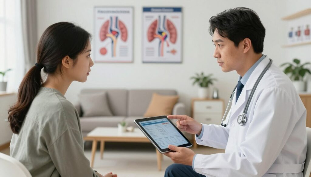 A medical consultation scene in a modern clinic, showcasing a physician and a patient discussing symptoms related to pheochromocytoma. In the foreground, a professional-looking doctor in a white lab coat, with a stethoscope around their neck, gestures towards a digital tablet with medical charts displayed. The patient, dressed in modest casual clothing, appears attentive and concerned. In the middle ground, a well-lit examination room features medical posters on the walls outlining adrenal glands and hormone functions. The background consists of a cozy waiting area with friendly decor, emphasizing a welcoming atmosphere. Soft, natural lighting enhances the mood of reassurance and professionalism, with a shallow depth of field focusing on the doctor and patient, conveying the importance of consultation in medical symptom assessment.
