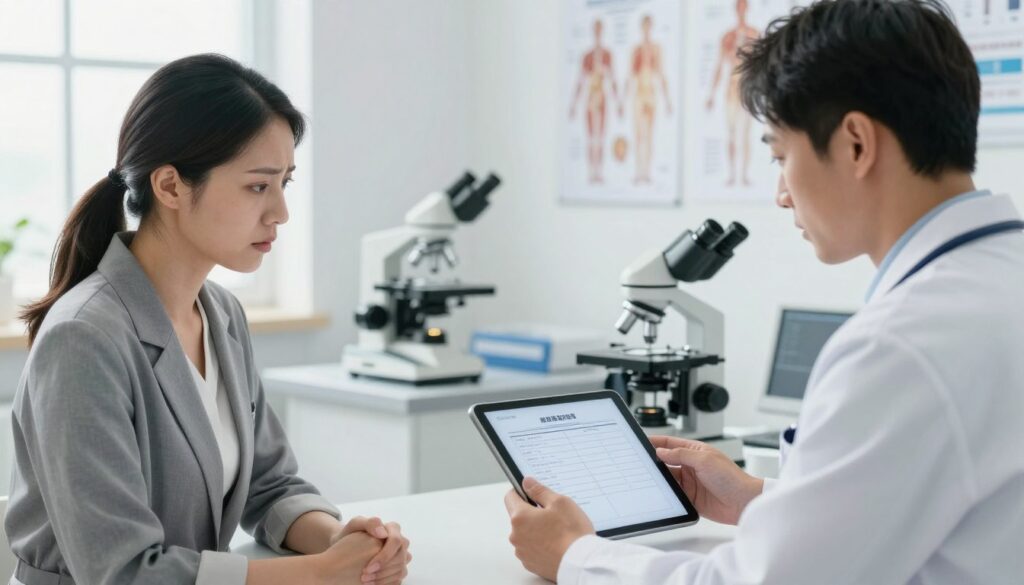 A medical consultation scene set in a modern clinic. In the foreground, a concerned woman in professional attire is seated, looking anxious as a doctor, dressed in a white coat, reviews her blood test results displayed on a tablet. In the middle ground, a detailed blood sample can be seen under a microscope, emphasizing the topic of hemoglobin levels. The background features a bright, sterile examination room with medical charts and anatomical posters on the walls, symbolizing health and urgency. Soft, natural lighting streams through a window, creating a calm yet serious atmosphere, illustrating the importance of addressing low hemoglobin levels promptly. The angle captures the tension and professionalism of the consultation.