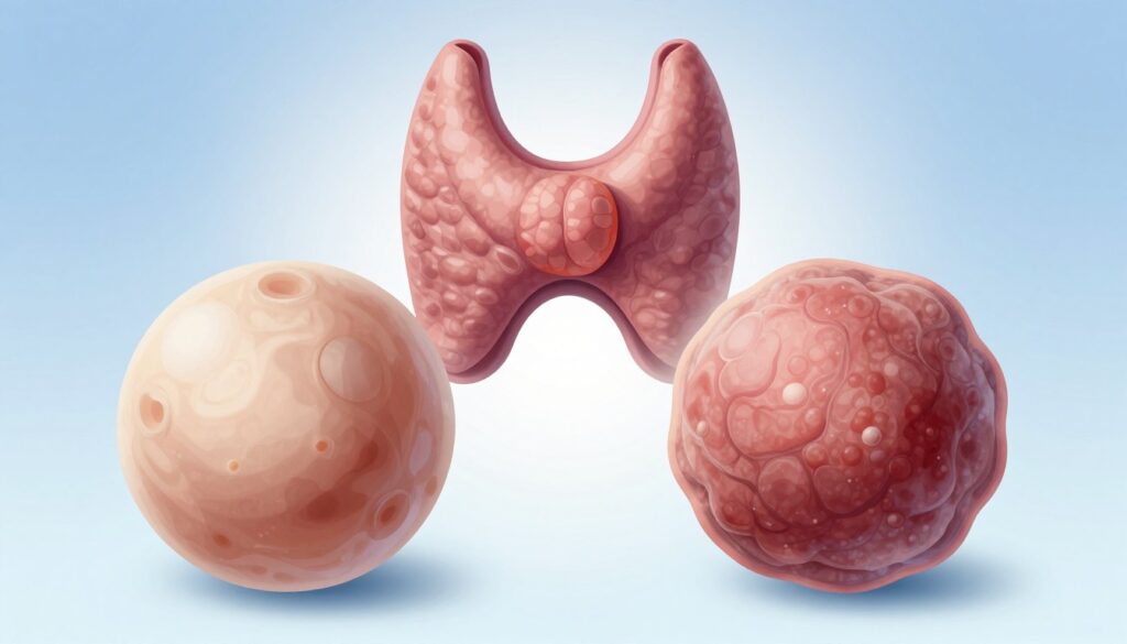 A medical illustration depicting the contrast between benign thyroid nodules and malignant thyroid cancer. In the foreground, focus on two distinctly different thyroid nodules: one benign, showcasing smooth, rounded edges with a soft texture, and the other malignant, characterized by irregular borders and a rugged surface. The middle layer features a detailed anatomical representation of the thyroid gland, with clear differentiation between healthy and unhealthy tissue. The background is a subtle gradient that adds depth without distraction, incorporating soft, clinical lighting to evoke a serious yet informative tone. The composition should communicate a sense of medical professionalism, ideal for an educational article, using a balanced color palette of light blues and whites to enhance clarity.