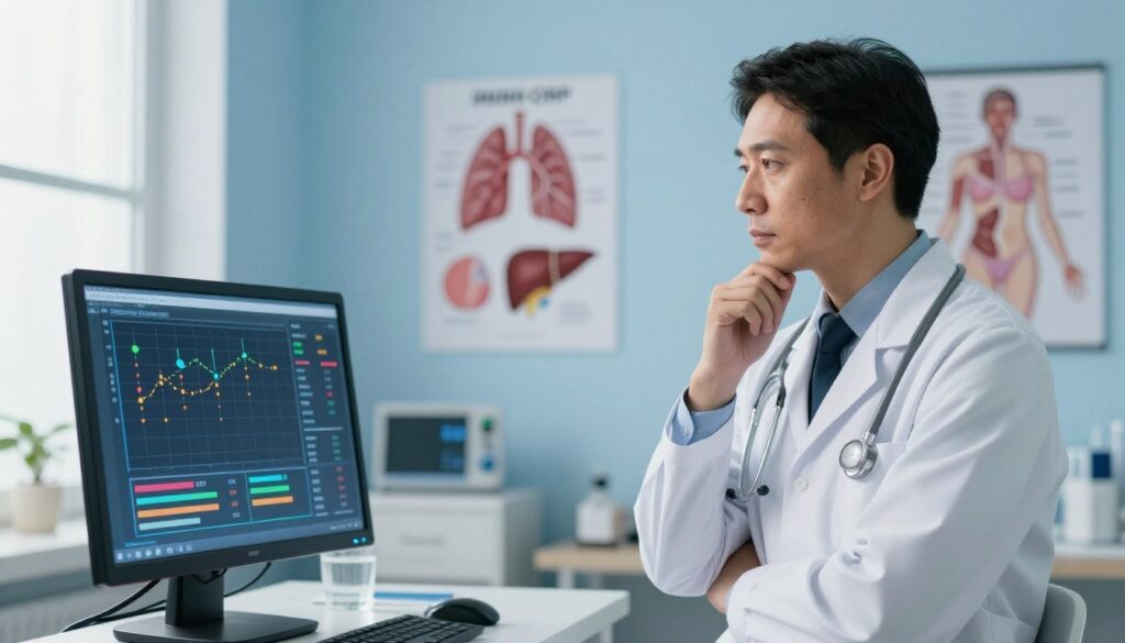 A medical practitioner in a white coat stands thoughtfully in a modern clinical setting, analyzing a digital display showing elevated CRP levels linked to various cancers. The foreground features a clear, bright screen filled with colorful graphs and elevated markers. The middle ground showcases the doctor, with focused expressions, accompanied by anatomical charts of affected organs like the lungs, liver, and breast, subtly indicating the types of cancers related to high CRP levels. In the background, soft medical equipment and calming blue walls create a sterile yet inviting atmosphere. Natural light filters through a window, adding warmth to the scene, enhancing the mood of professionalism and curiosity. The image captures tension yet inspiration about the quest for knowledge in oncology. A medical practitioner in a white coat stands thoughtfully in a modern clinical setting, analyzing a digital display showing elevated CRP levels linked to various cancers. The foreground features a clear, bright screen filled with colorful graphs and elevated markers. The middle ground showcases the doctor, with focused expressions, accompanied by anatomical charts of affected organs like the lungs, liver, and breast, subtly indicating the types of cancers related to high CRP levels. In the background, soft medical equipment and calming blue walls create a sterile yet inviting atmosphere. Natural light filters through a window, adding warmth to the scene, enhancing the mood of professionalism and curiosity. The image captures tension yet inspiration about the quest for knowledge in oncology.