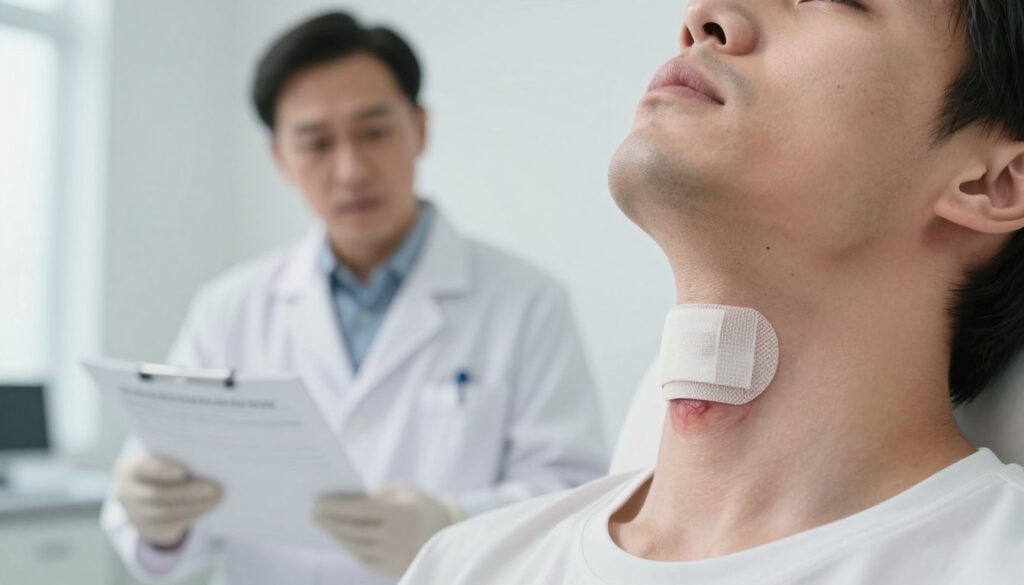 A medical scene focusing on potential complications following a thyroid biopsy. In the foreground, a close-up of a patient's neck shows a bandage covering the biopsy site, subtly revealing signs of bruising and swelling. The middle ground features a healthcare professional, dressed in a white lab coat and wearing gloves, attentively examining medical charts while looking concerned. In the background, a bright, sterile hospital environment is visible, with soft, diffused lighting to create a calm yet serious atmosphere. The angle of the shot is slightly tilted down, emphasizing the importance of the medical procedure and its potential complications. The mood is reflective, emphasizing patient care and vigilance in recognizing alarming symptoms post-biopsy.