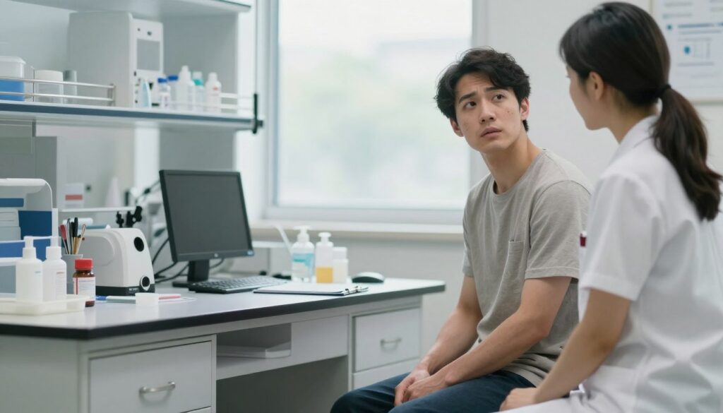 A medical setting focusing on preparation for thyroid hormone testing. In the foreground, a patient in modest casual clothing sits on an examination table, looking slightly anxious but hopeful. Nearby, a healthcare professional in a white lab coat stands beside a countertop with medical supplies, holding a clipboard. The middle of the image features a well-organized lab area with various equipment and sterile instruments, evoking a sense of professionalism and care. In the background, a large window lets in soft, natural light, creating a calm and reassuring atmosphere. Use a shallow depth of field to emphasize the patient and healthcare worker, capturing the mood of anticipation and careful preparation. The overall lighting should be warm and inviting, enhancing the focus on the interaction between patient and provider.