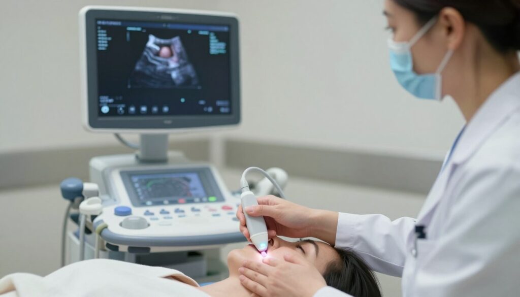 A medical ultrasound scene showing a thyroid biopsy procedure. In the foreground, a healthcare professional dressed in a white lab coat and blue scrubs is attentively guiding an ultrasound transducer over a patient's neck, which is partially visible, with the thyroid area highlighted. In the middle ground, the ultrasound machine displays a clear image of the thyroid gland on its monitor, surrounded by essential medical instruments. The background features a softly lit, sterile medical environment, with subdued colors to evoke professionalism and calmness. The composition is focused on precision and medical attention, with a depth of field that emphasizes the procedure while maintaining a clean and uncluttered aesthetic. The overall mood is serious and informative, reflecting the importance of the biopsy examination. A medical ultrasound scene showing a thyroid biopsy procedure. In the foreground, a healthcare professional dressed in a white lab coat and blue scrubs is attentively guiding an ultrasound transducer over a patient's neck, which is partially visible, with the thyroid area highlighted. In the middle ground, the ultrasound machine displays a clear image of the thyroid gland on its monitor, surrounded by essential medical instruments. The background features a softly lit, sterile medical environment, with subdued colors to evoke professionalism and calmness. The composition is focused on precision and medical attention, with a depth of field that emphasizes the procedure while maintaining a clean and uncluttered aesthetic. The overall mood is serious and informative, reflecting the importance of the biopsy examination.