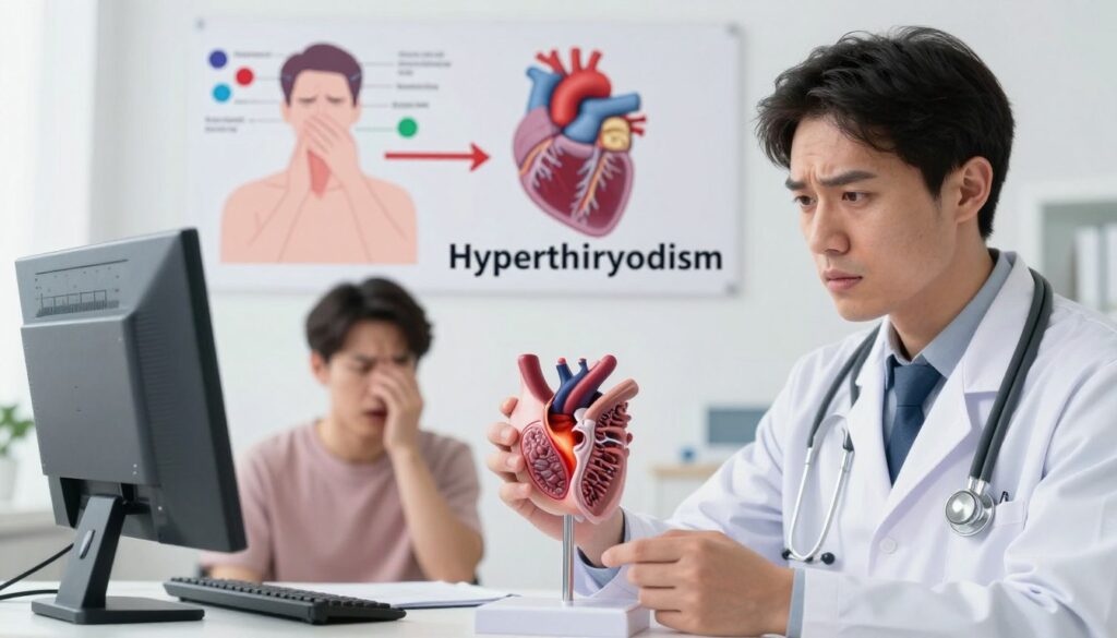 A medically-themed illustration depicting the complications of untreated hyperthyroidism. In the foreground, a concerned doctor in professional attire examines a detailed thyroid model, highlighting the gland. In the middle ground, a range of symptoms associated with hyperthyroidism are artistically represented: a heart rate monitor showing elevated readings, a person experiencing anxiety, and an image of bones indicating osteoporosis. In the background, a faint illustration of hormone molecules and arrows pointing to different body systems affected, like the heart and bones, creates a sense of interconnectedness. The lighting is bright and clinical, suggesting a sterile environment, while the overall mood is serious yet informative, designed to emphasize the importance of treating hyperthyroidism. A medically-themed illustration depicting the complications of untreated hyperthyroidism. In the foreground, a concerned doctor in professional attire examines a detailed thyroid model, highlighting the gland. In the middle ground, a range of symptoms associated with hyperthyroidism are artistically represented: a heart rate monitor showing elevated readings, a person experiencing anxiety, and an image of bones indicating osteoporosis. In the background, a faint illustration of hormone molecules and arrows pointing to different body systems affected, like the heart and bones, creates a sense of interconnectedness. The lighting is bright and clinical, suggesting a sterile environment, while the overall mood is serious yet informative, designed to emphasize the importance of treating hyperthyroidism.
