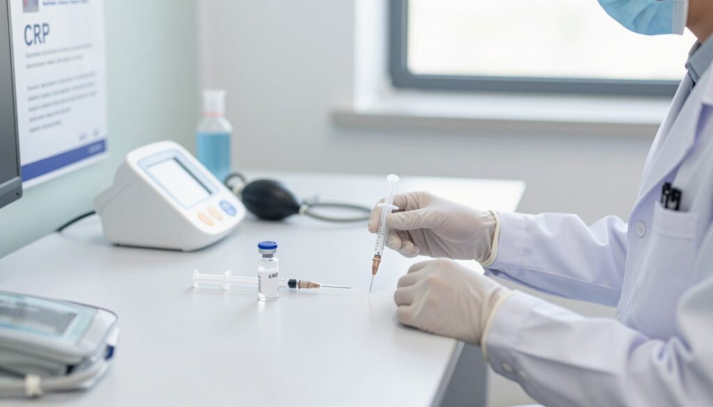 A modern medical clinic setting emphasizing the preparation for a CRP test. In the foreground, a healthcare professional in a white lab coat, wearing protective gloves, prepares test materials on a clean, well-organized table. In the middle, a transparent vial is placed next to a syringe, showcasing the procedure about to take place. The background features soft-focus medical equipment, a blood pressure monitor, and a poster explaining CRP testing. Bright, natural lighting streams through a window, creating a calm and professional atmosphere, highlighting the cleanliness and order of the environment. Capture the scene from a slightly angled perspective, focusing on the preparation elements and the professional demeanor of the healthcare worker, as they ensure the patient's comfort and readiness for the test. A modern medical clinic setting emphasizing the preparation for a CRP test. In the foreground, a healthcare professional in a white lab coat, wearing protective gloves, prepares test materials on a clean, well-organized table. In the middle, a transparent vial is placed next to a syringe, showcasing the procedure about to take place. The background features soft-focus medical equipment, a blood pressure monitor, and a poster explaining CRP testing. Bright, natural lighting streams through a window, creating a calm and professional atmosphere, highlighting the cleanliness and order of the environment. Capture the scene from a slightly angled perspective, focusing on the preparation elements and the professional demeanor of the healthcare worker, as they ensure the patient's comfort and readiness for the test.