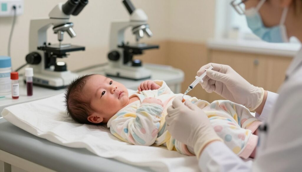 A newborn baby lying on a hospital examination table, the baby is swaddled in a soft, pastel-colored blanket. In the foreground, a medical professional is gently performing a blood test, depicted in a professional outfit, wearing gloves, and using a small syringe. The middle ground shows medical instruments like a blood vial and a microscope, symbolizing laboratory analysis. The background features a softly lit pediatric clinic with medical charts and a calming atmosphere, ensuring a sense of care and professionalism. The lighting is warm and inviting, highlighting the fragility of the newborn. The overall mood reflects hope and attentiveness, illustrating the importance of CRP testing in newborns. A newborn baby lying on a hospital examination table, the baby is swaddled in a soft, pastel-colored blanket. In the foreground, a medical professional is gently performing a blood test, depicted in a professional outfit, wearing gloves, and using a small syringe. The middle ground shows medical instruments like a blood vial and a microscope, symbolizing laboratory analysis. The background features a softly lit pediatric clinic with medical charts and a calming atmosphere, ensuring a sense of care and professionalism. The lighting is warm and inviting, highlighting the fragility of the newborn. The overall mood reflects hope and attentiveness, illustrating the importance of CRP testing in newborns.