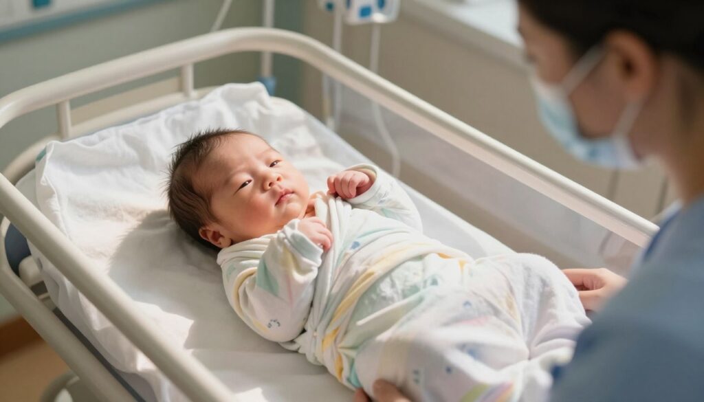 A newborn baby lying peacefully in a hospital crib, surrounded by soft, natural light casting a warm glow. The baby is swaddled in a pastel-colored blanket, with a gentle expression on their face, symbolizing innocence and health. In the background, medical equipment can be seen, subtly highlighting a professional healthcare environment. A nurse in modest scrubs is nearby, observing the baby with a caring demeanor, ready to take notes. The scene conveys a sense of calm and safety, with a focus on the importance of monitoring CRP levels post-birth. Capture this moment from a slightly elevated angle, emphasizing the tenderness of the newborn and the attentive care they receive. The overall atmosphere is warm and reassuring. A newborn baby lying peacefully in a hospital crib, surrounded by soft, natural light casting a warm glow. The baby is swaddled in a pastel-colored blanket, with a gentle expression on their face, symbolizing innocence and health. In the background, medical equipment can be seen, subtly highlighting a professional healthcare environment. A nurse in modest scrubs is nearby, observing the baby with a caring demeanor, ready to take notes. The scene conveys a sense of calm and safety, with a focus on the importance of monitoring CRP levels post-birth. Capture this moment from a slightly elevated angle, emphasizing the tenderness of the newborn and the attentive care they receive. The overall atmosphere is warm and reassuring.