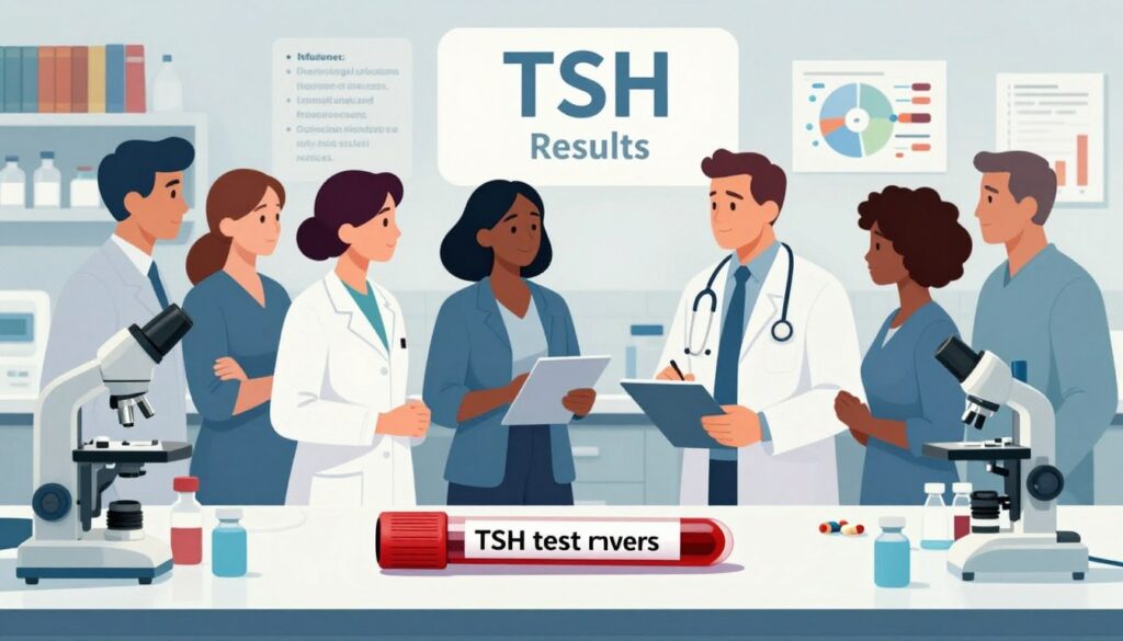A professional and informative illustration depicting factors that influence TSH test results. In the foreground, a lab table is shown with a blood sample, vials, and medical equipment, all rendered in high detail. In the middle ground, a diverse group of healthcare professionals in business attire discuss the implications of TSH levels, showcasing women and men of different ethnicities. The background features a soft-focus laboratory environment with shelves of medical books and charts explaining TSH influence factors, such as medications, hormonal changes, and physiological conditions. The lighting is bright and clinical, enhancing the mood of professionalism and scientific inquiry. The image captures a sense of urgency and importance regarding health consultations related to TSH levels.