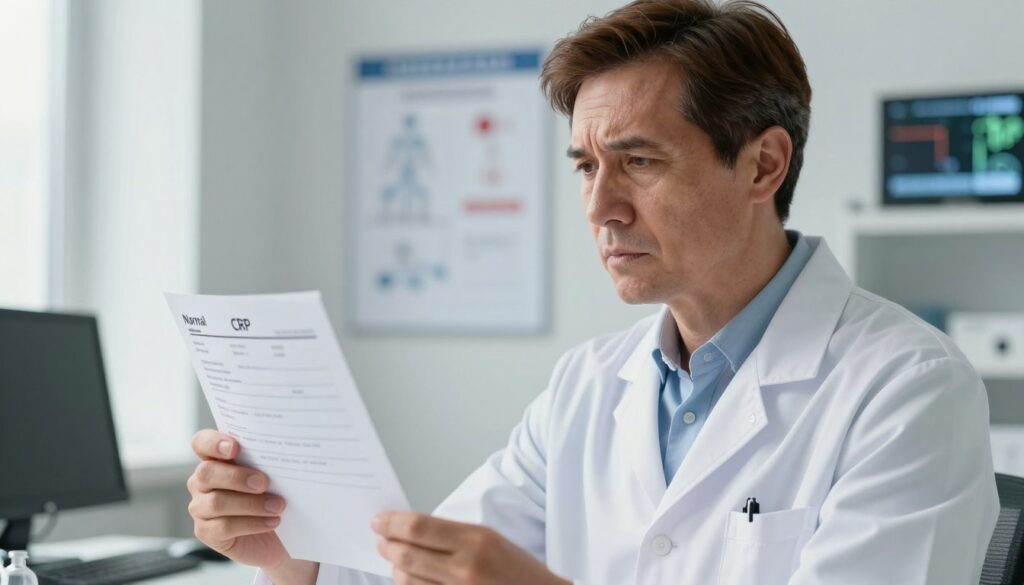 A professional doctor in a modern clinical environment, dressed in a white lab coat, examining a lab report that shows normal CRP (C-reactive protein) levels. The doctor, a middle-aged individual with short brown hair, looks thoughtfully at the report, with a slight furrow in their brow, conveying concern over a patient's fever despite normal results. In the background, there are medical charts and a digital display showing temperature readings. Soft, natural light filters through a nearby window, casting gentle shadows. The atmosphere is serious yet hopeful, highlighting the importance of understanding medical nuances. The image should have a clear focus on the doctor and the report, with a slightly blurred background for depth.