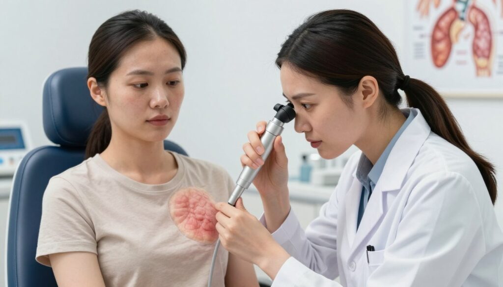 A professional healthcare setting, featuring a female dermatologist examining a patient's skin under bright, diffused lighting. The dermatologist, dressed in a white lab coat, is using a dermatoscope to assess the skin's texture and condition, capturing detailed nuances such as dryness, scaling, and redness often associated with hypothyroidism. In the foreground, focus on the dermatologist's concentrated expression, while in the middle ground, the patient sits in a comfortable medical chair, looking attentive and engaged. In the background, subtle hints of medical equipment and anatomical charts related to thyroid function and skin health can be seen, creating a clinical atmosphere. The overall mood is serious yet hopeful, reflecting the importance of diagnosis and treatment for skin changes related to thyroid health. A professional healthcare setting, featuring a female dermatologist examining a patient's skin under bright, diffused lighting. The dermatologist, dressed in a white lab coat, is using a dermatoscope to assess the skin's texture and condition, capturing detailed nuances such as dryness, scaling, and redness often associated with hypothyroidism. In the foreground, focus on the dermatologist's concentrated expression, while in the middle ground, the patient sits in a comfortable medical chair, looking attentive and engaged. In the background, subtle hints of medical equipment and anatomical charts related to thyroid function and skin health can be seen, creating a clinical atmosphere. The overall mood is serious yet hopeful, reflecting the importance of diagnosis and treatment for skin changes related to thyroid health.